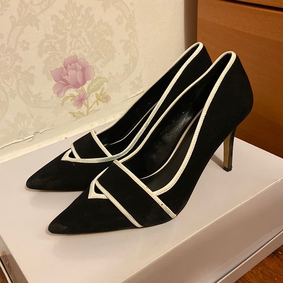White House Black Market Shoes - WHBM Classy Black White Hayden suede Heels 7.5